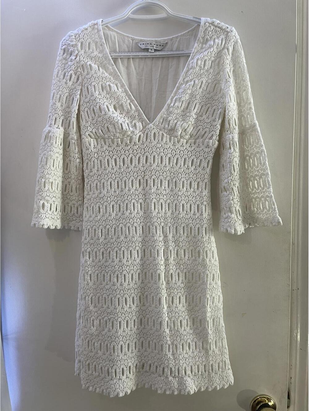 Trina Turk White Crochet Bell Sleeve Boho Mini Dress Size 4